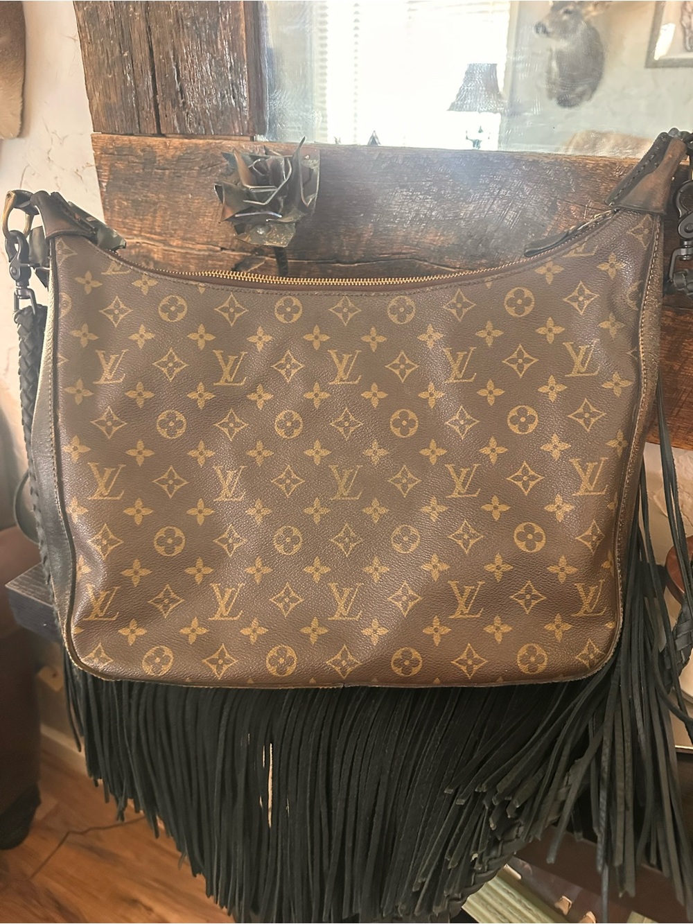Louis Vuitton Brown Monogram Revamp with Black Fringe Crossbody Bag Vintage Boho - Picture 5 of 12